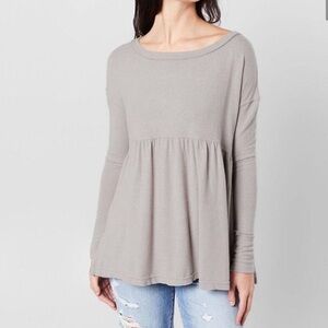 Free People Forever Your Girl Oyster Grey Long Sleeve Peplum Babydoll Top Small
